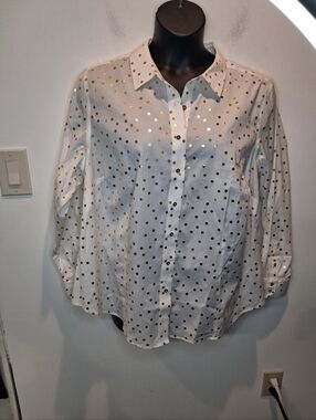 Talbots Size 20w Cooton Blend White Shirt W/ Gold Polka Dots
